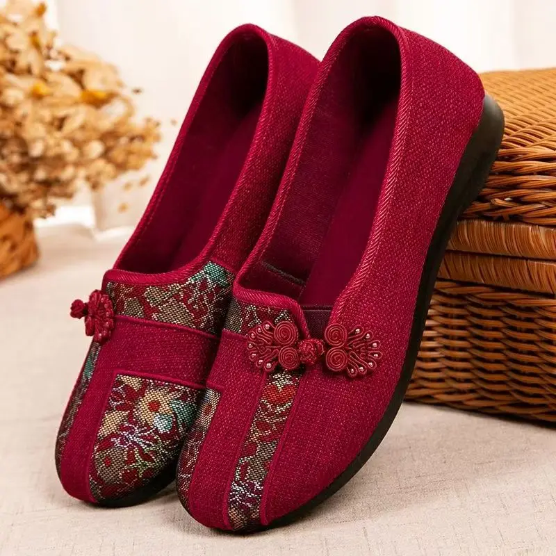 Women Women Ethnic style Flat Sole Cloth Shoes Spring Autumn New Soft Sole Round Toe Shallow Slip On Middle Aged And Elderly Nude Shoe - Aliexpress Deal