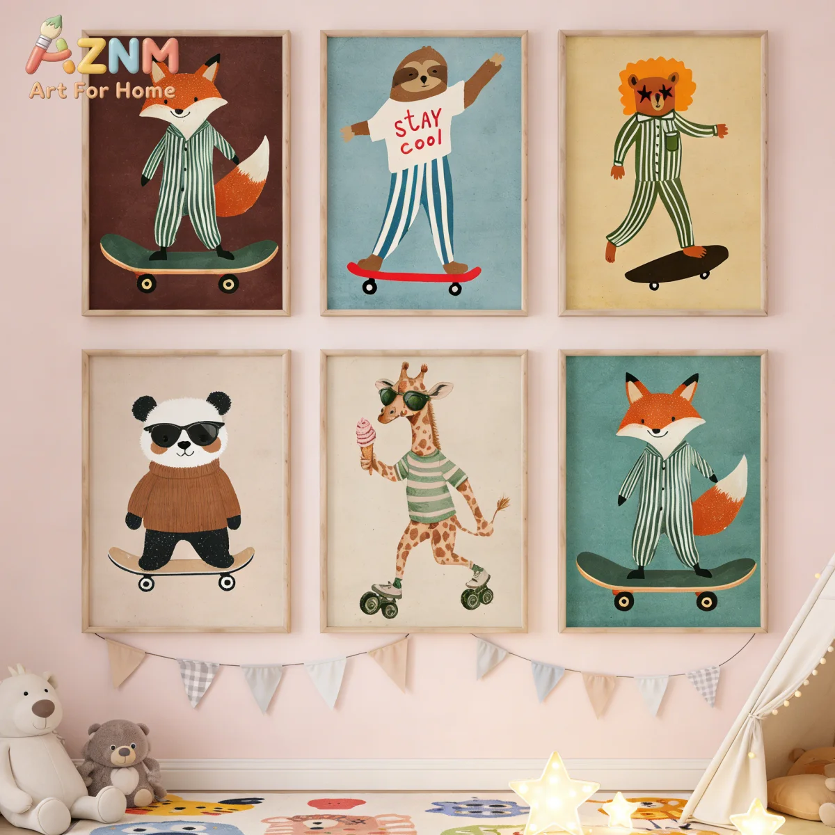 AZNM Cool Skateboard Animal Canvas Print Fox Sloth Lion Panda Giraffe In Pajamas Sunglasses Ice Cream Boys Kids Nursery Bedroom