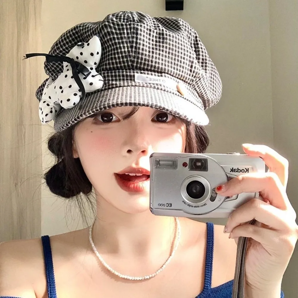 

Retro Cute Puppy Cloud Berets Y2k Plaid Octagonal Caps Korean Sweet Painter Hat Streetwear