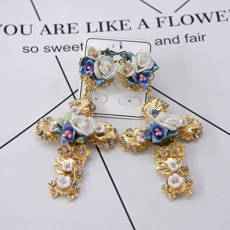 Magnetic Flower Baroque Vintage Palace Cross Alloy Earrings Earrings European and American Show Earrings Earrings