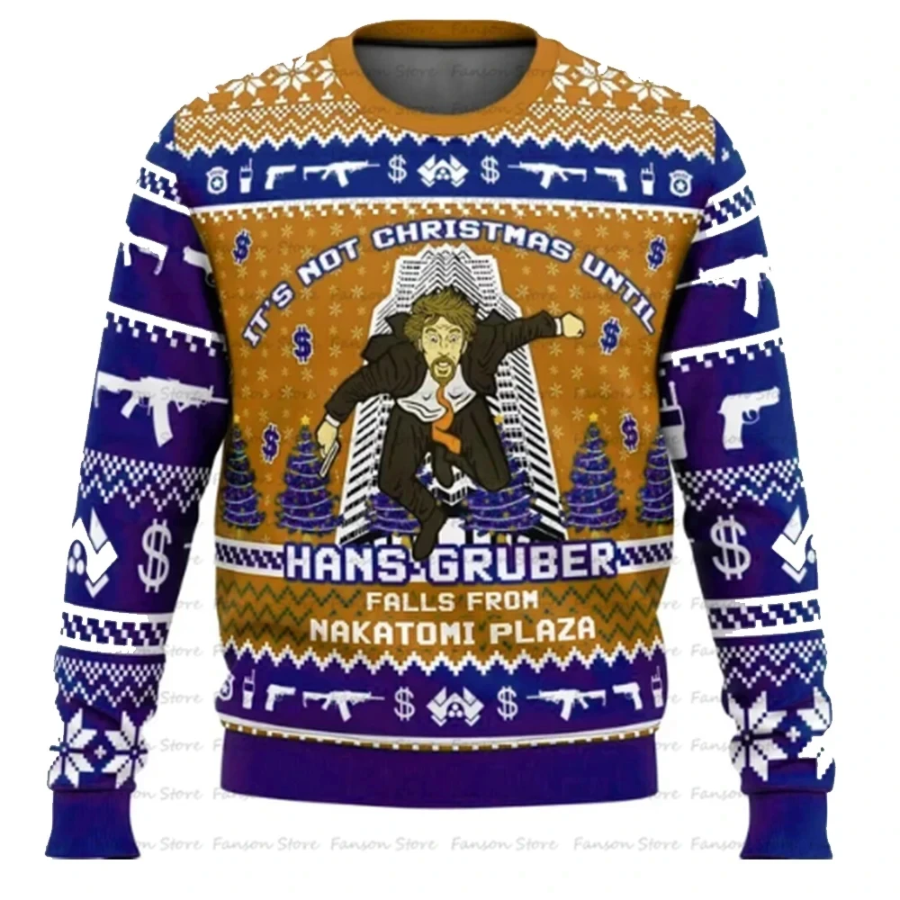 เสื้อฮู้ดพิมพ์ลาย 3 มิติ Hans Gruber จากภาพยนตร์ Die Hard ที่ Nakatomi Plaza ลาย Ugly Christmas แฟชั่นสำหรับผู้ชายและผู้หญิง