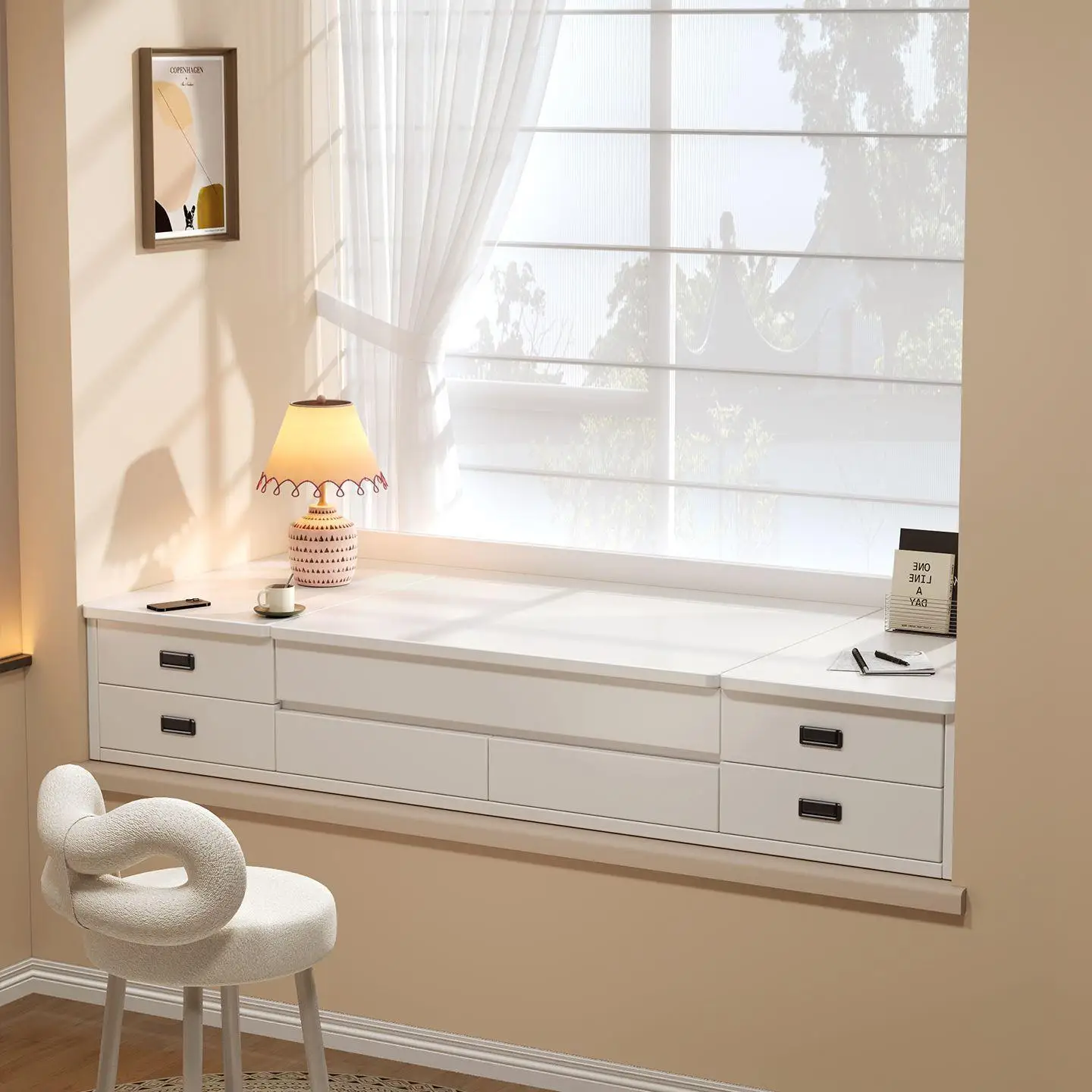 Retractable desk against the wall, storage cabinet on the solid wood household bay window