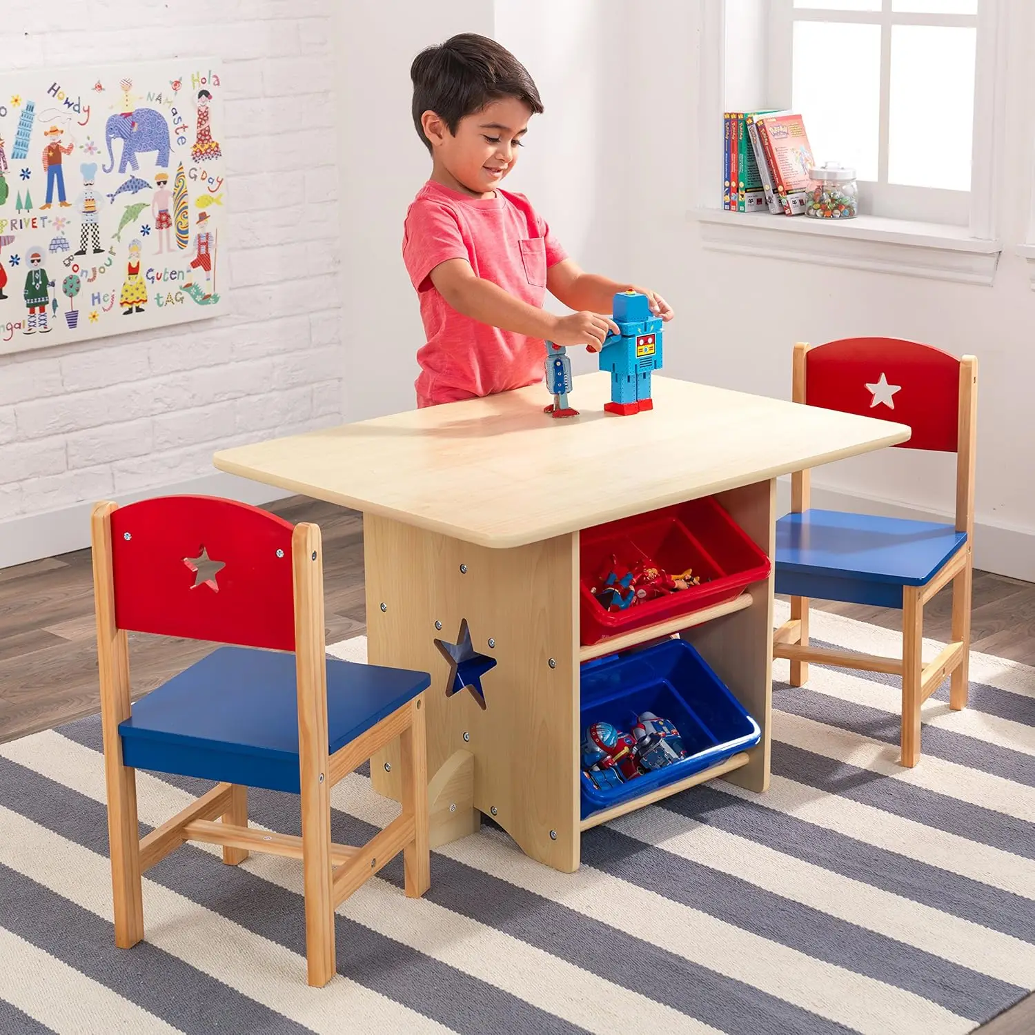 Conjunto de mesa e cadeira estrela de madeira com 4 caixas de armazenamento, móveis infantis – vermelho, azul e natural