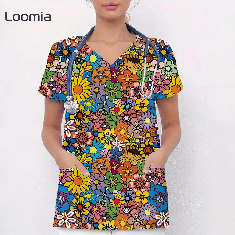 

Summer Flower Print Clinical Uniform Woman Fasion Surgical Uniforms Woman V-Neck Women’s Surgical Scrubs Surgical Caps Woman