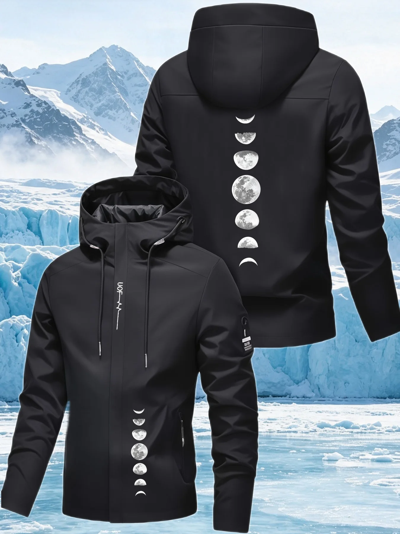 Men's Moon Phase Print Hooded Jacket – Outdoor Hooded Windbreaker, Waterproof & Windproof, Spring/Autumn Workwear Coat