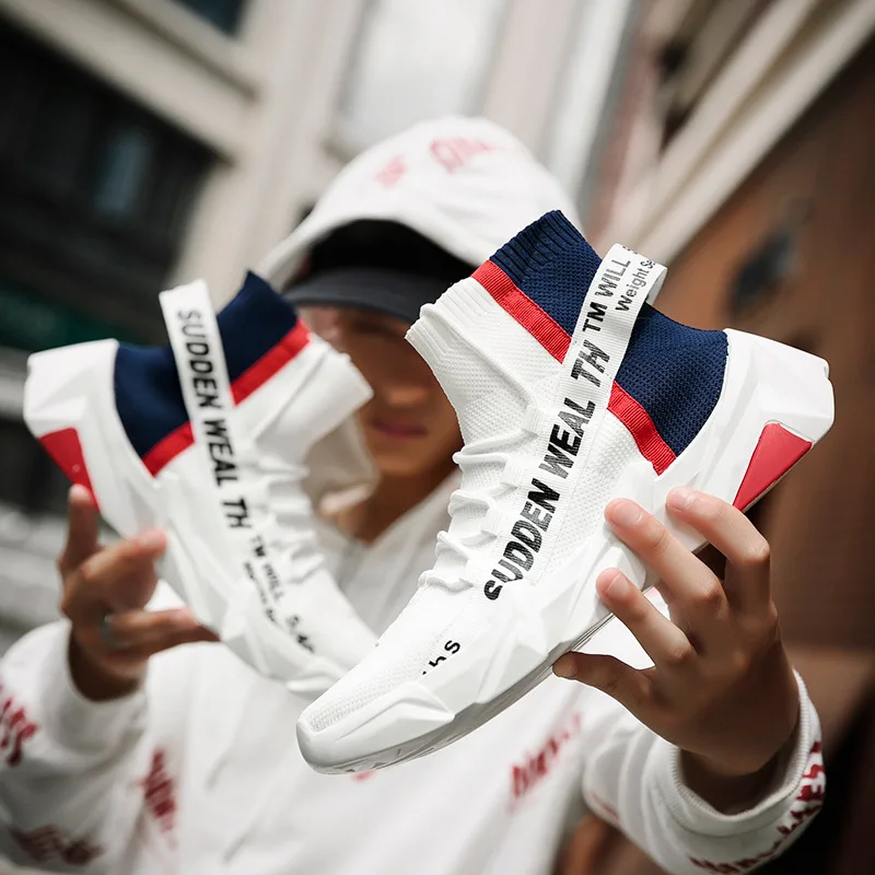 

Black Sports High-top Solid Color Round Head Flying Woven Spot Textile Injection Shoes Shoes Men's Sports Shoes