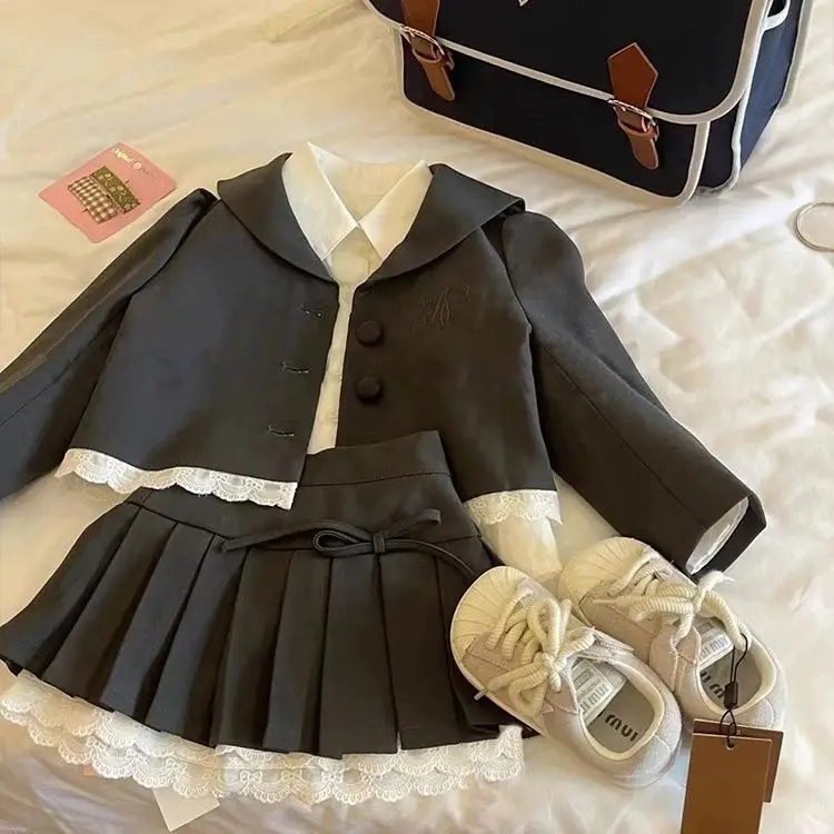 

New Baby Girls Fall Fashion 3 Pieces Sets Blouse+ Coat+ Skirts Princess Elegant Suits 2-8T