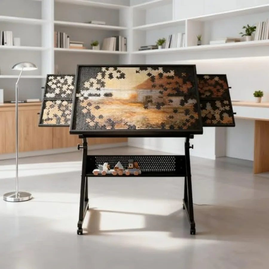

Jigsaw Puzzle Table for home use, wood-felt composite, walnut brown, adjustable 0-75 tilt, portable with casters and 4 storage