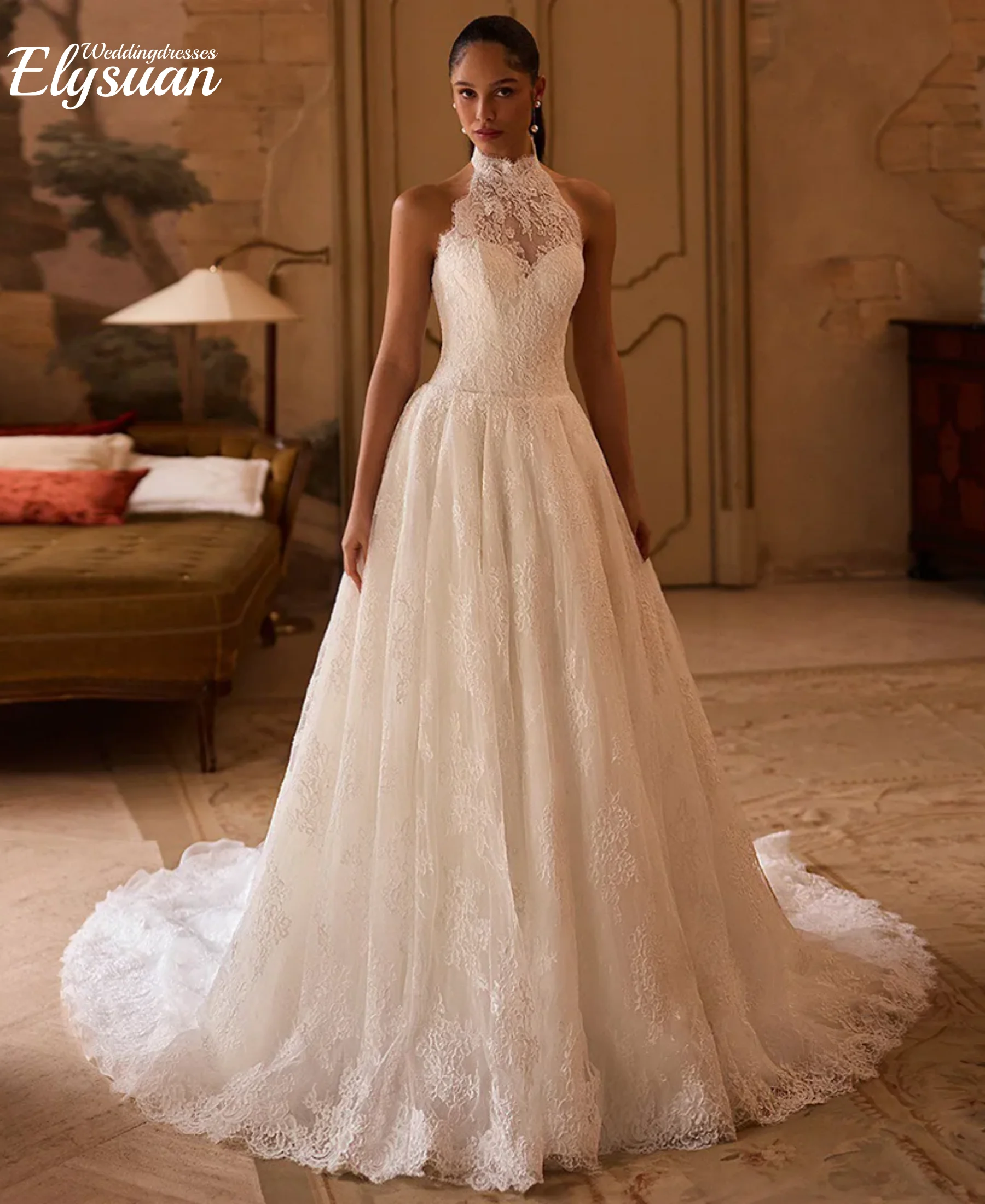 فستان زفاف دانتيل رسن مخصص بدون أكمام مفتوح الظهر سويب تراين فستان زفاف للمرأة العروس فيستدوس دي نوفيا