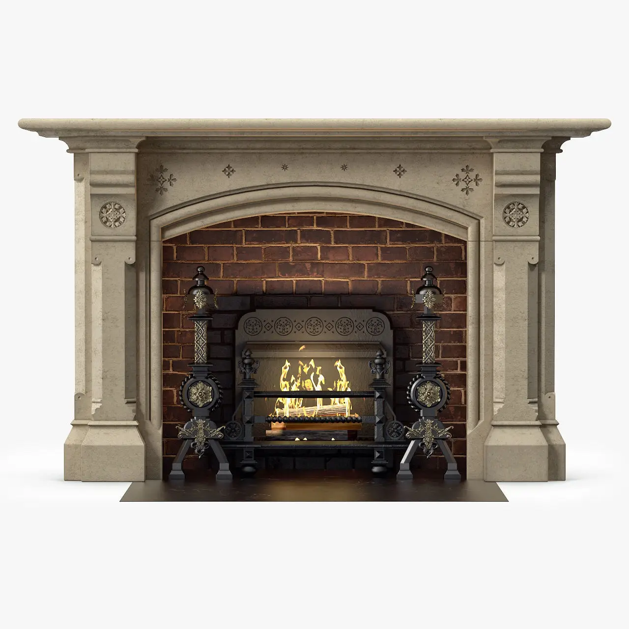 Victorian Fireplace With Ornate Mantel And Brick Backdrop