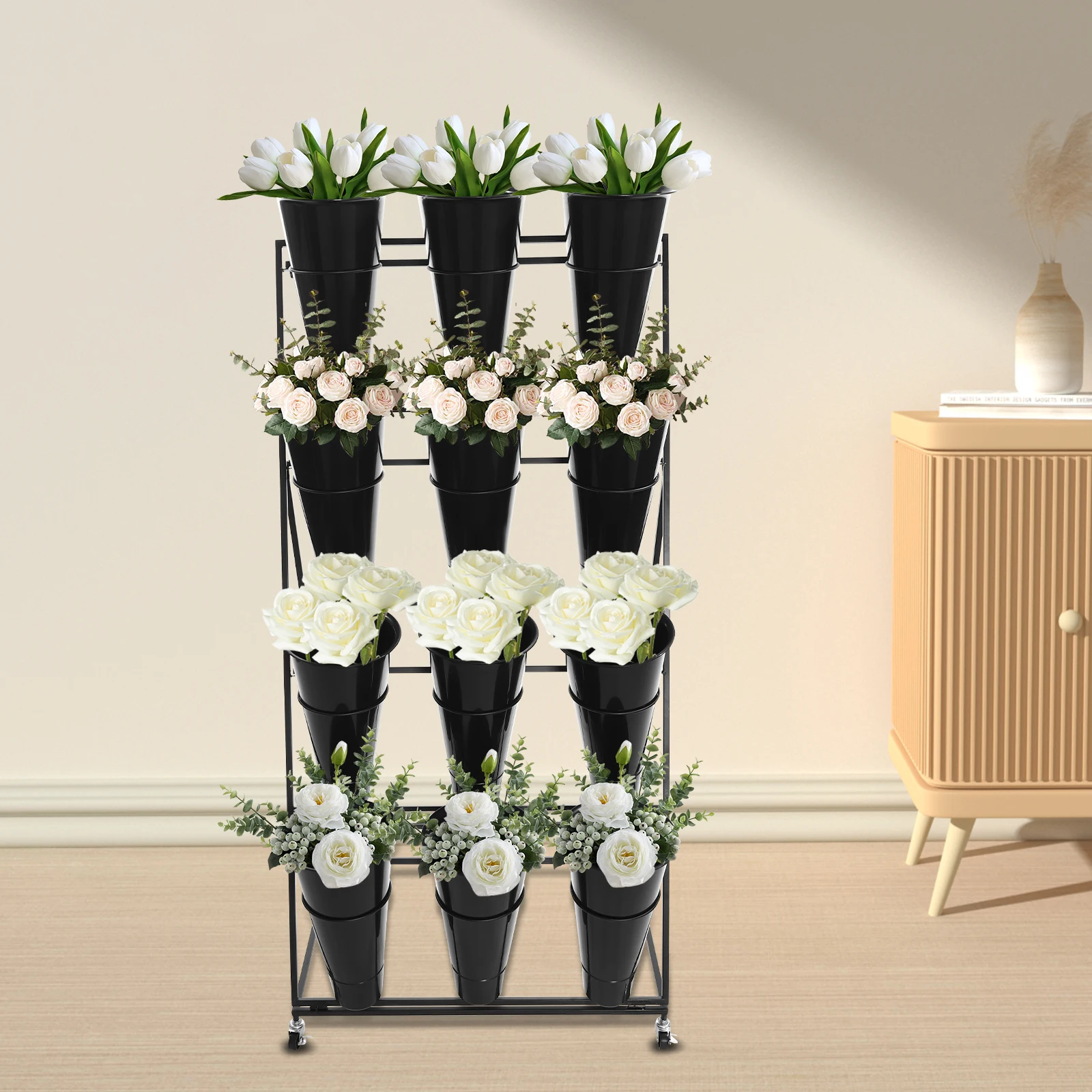 Flower Stand w/12pcs Black Plastic Bucket, Heavy Duty Moving Plant Cart Shelf for Outdoor Patio Garden Weddings image 2