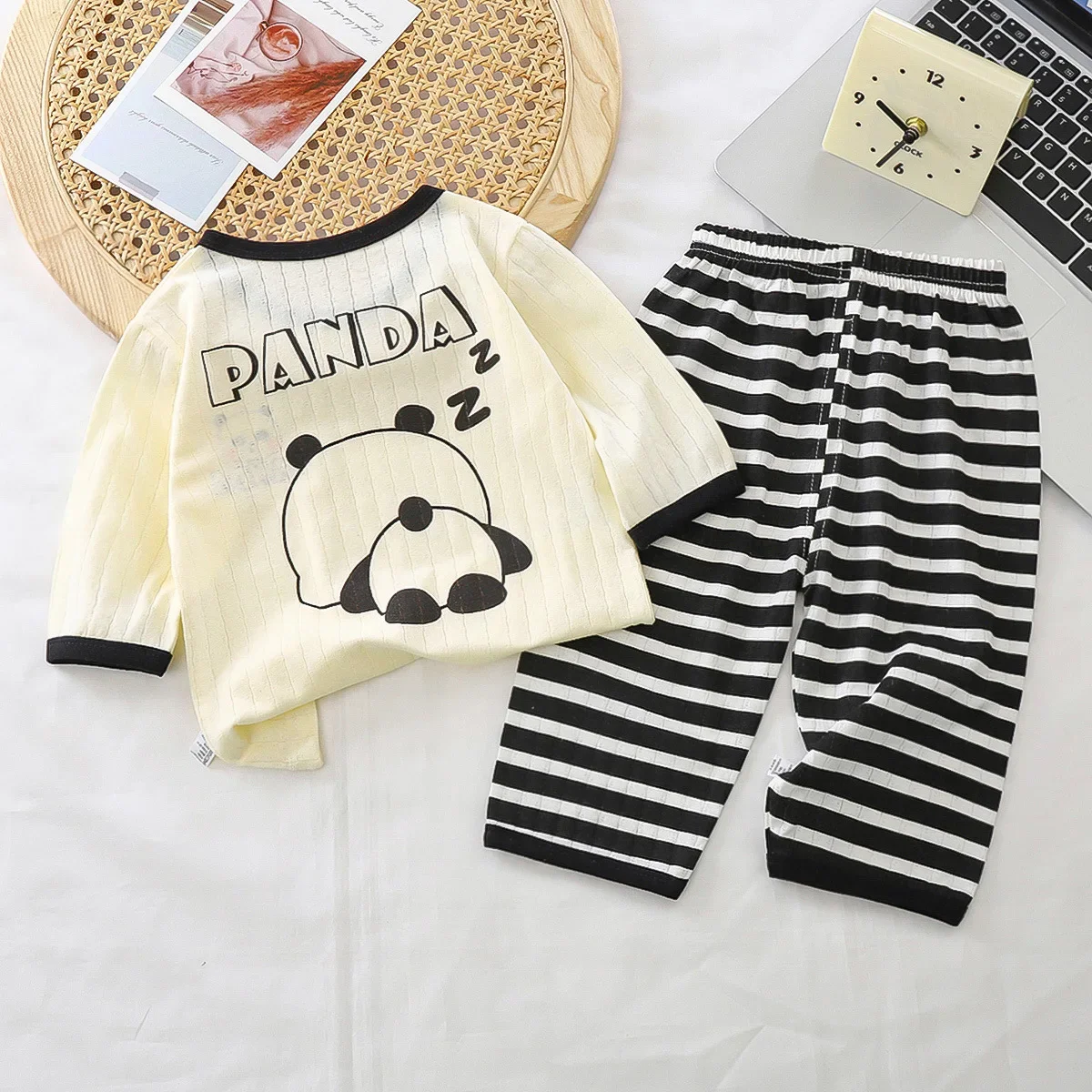 New 2024 Boys Girls Pure Cotton Cute Cartoon T-Shirt Tops + Striped Pants Kids Summer Thin Clothing Sets Baby Pajamas Loungewear