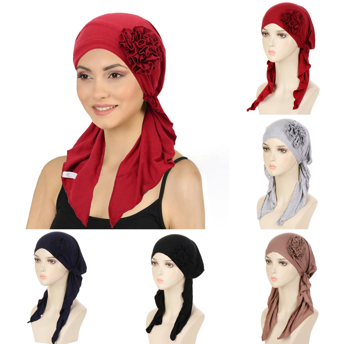 

New Trendy Solid Color Flowers Women's Hijab Muslim Ladies Turban Bonnet Long Tail Head Wrap Head Scarf Indian Hats