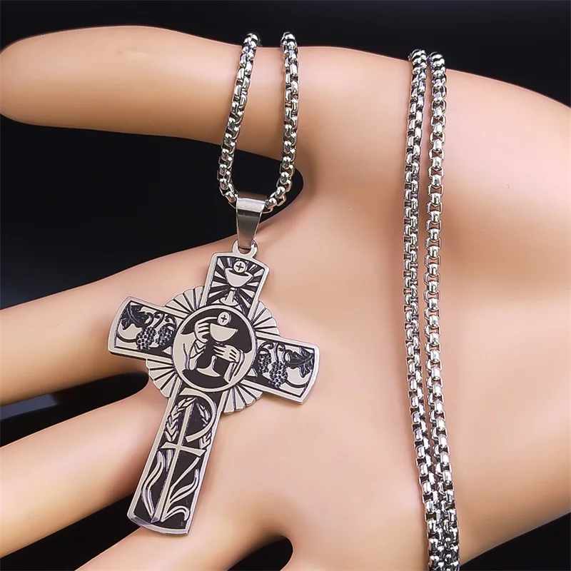 Christian Christ Eucharist Halo Grape Juice Cross Necklace Stainless Steel Men Women Catholic Holy Spirit Church Chain Jewelry