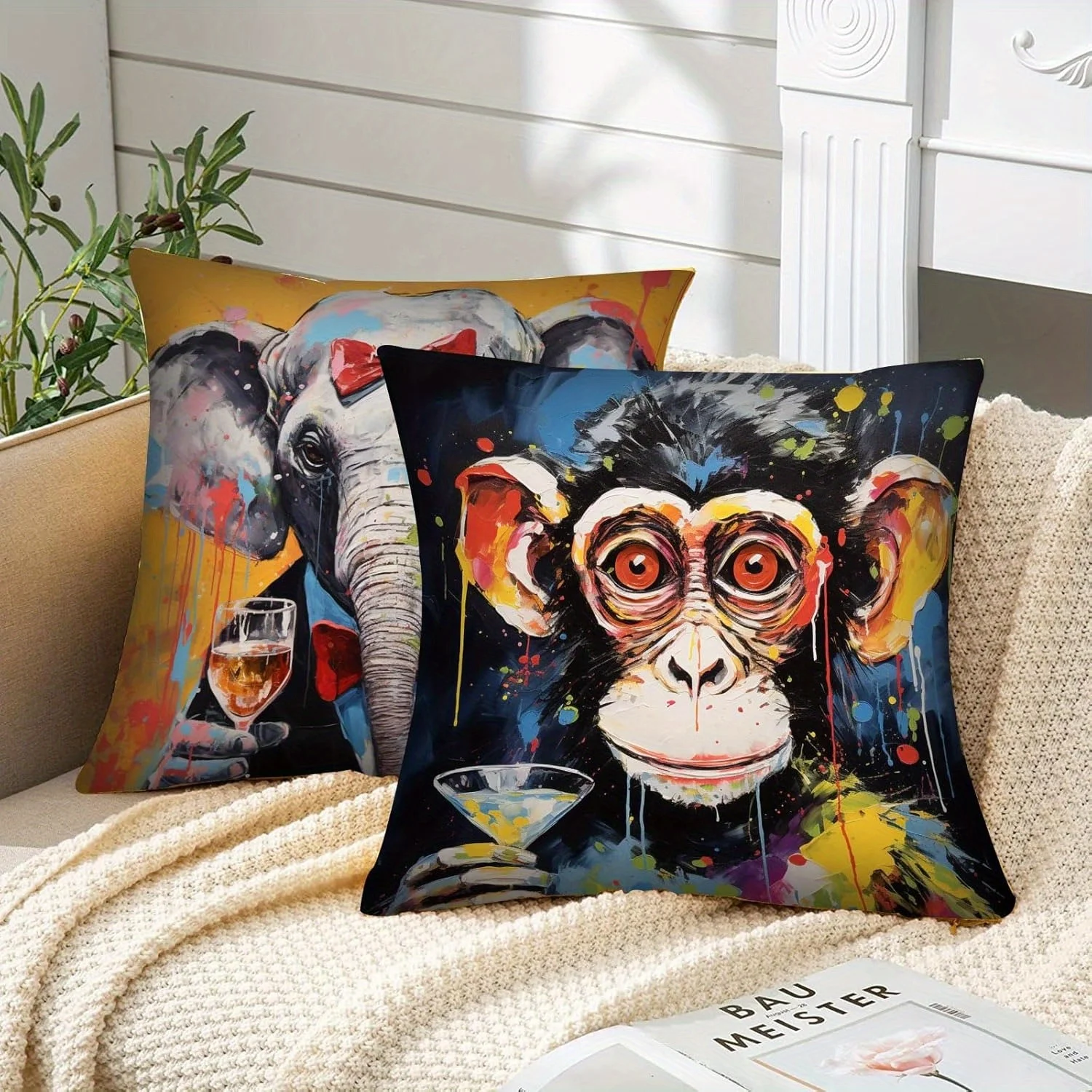 Cool Street Art Animal Throw Pillow Covers, Pop Art Bunny Cat Monkey Elephant Print Cushion Cases, Funky Home Decor Living Room