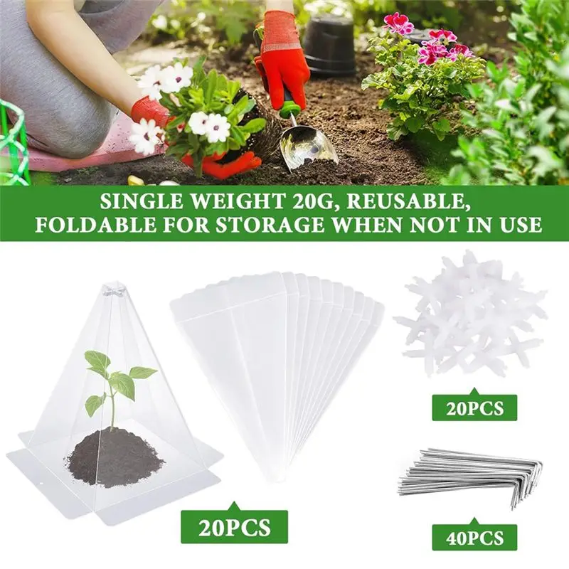 ABZC-20Pcs Garden Cloches For Plants Reusable Clear Bell Covers Plastic Small Plant Seedling Protector With 40Pc Metal Stakes