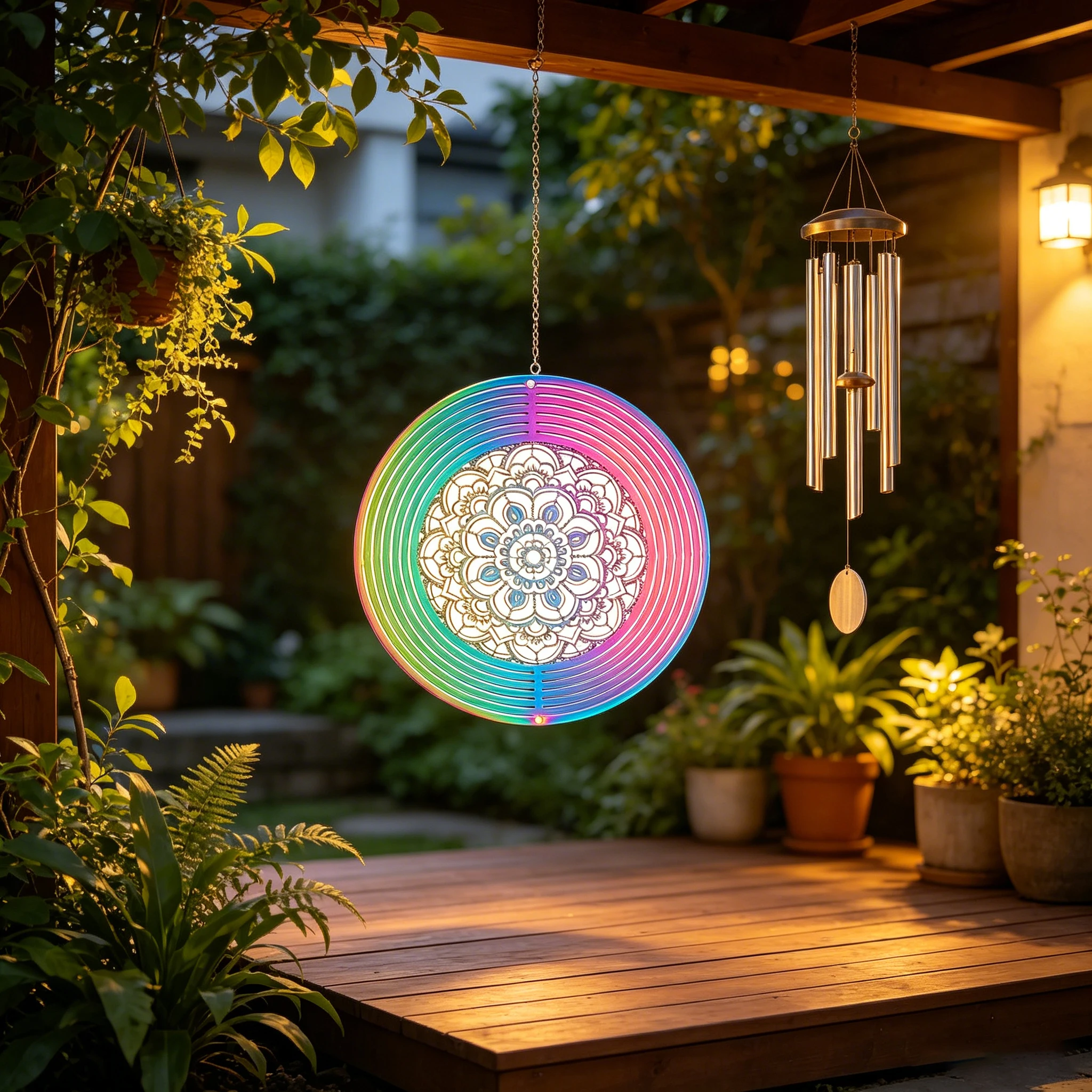 Round Mandala Iridescent Metal Rotating Ornament Outdoor Courtyard Rustproof Wind Spinner Home Window Light Shadow Hanging Decor