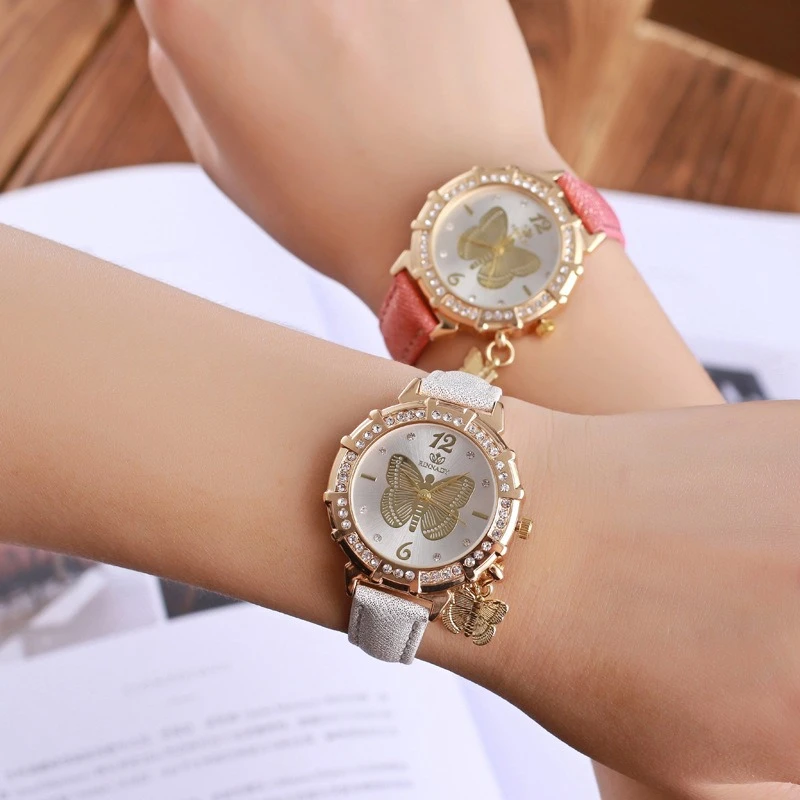 Женские часы, модный тренд, элемент бабочки, циферблат, кварцевые часы, браслет, женский кожаный ремешок, праздничный подарок