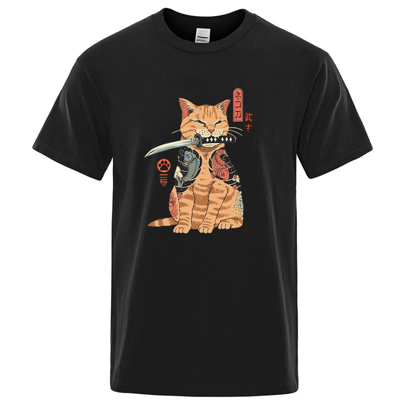 Summer Men T-shirt Top Quality Cotton Blend Short Sleeve Cool Knife Cat Print For Men O-neck Casual Loose Hip Hop Male Tees Top
