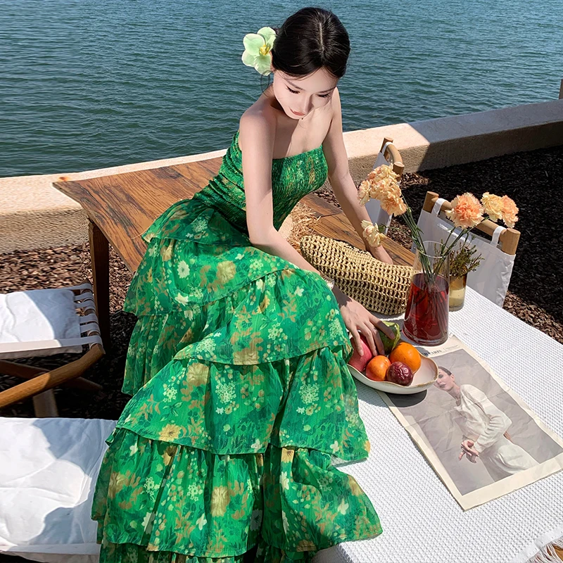 Nueva moda de las mujeres de un solo hombro vestido de gasa estampado verde elegancia con volantes falda de pastel escalonado evento fiesta Vestidos de graduación vestido