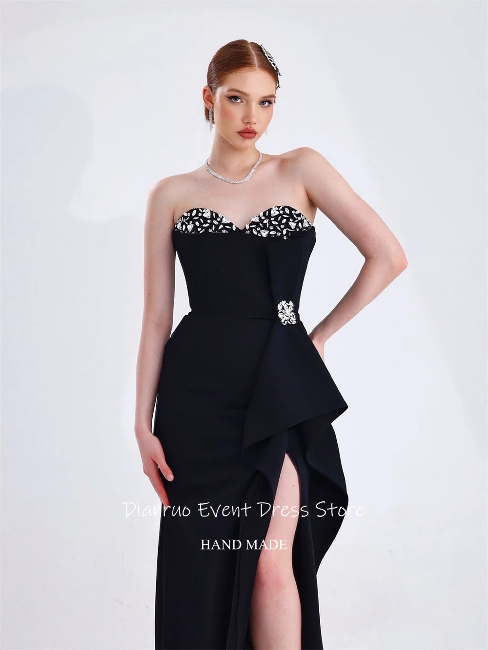 Dianruo Crystal Русалка Вечерние платья Милая спинка Robe De Soirée Femme Элегантные черные платья для выпускного вечера с высоким разрезом по индивидуальному заказу