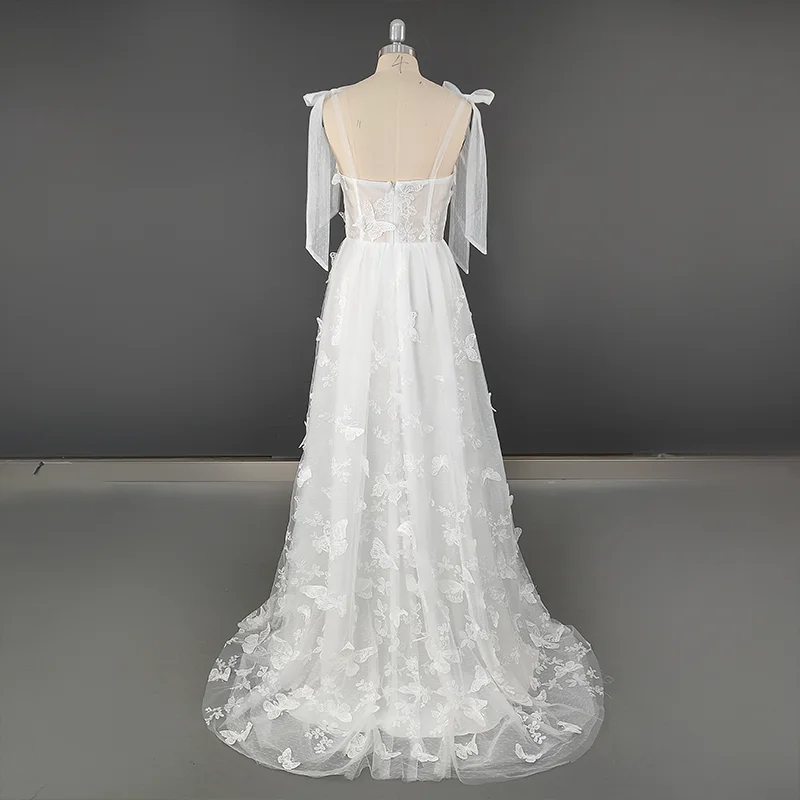 Vestido de novia elegante con tirantes finos, cinta de lazo con estampado de mariposa, de encaje, informal, talla grande, fotos reales, n. ° 8754