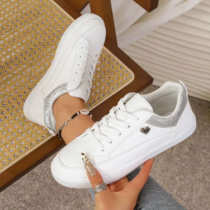 Women's White Glitter Heart Sneakers - Lace-Up Low Top Casual Walking Shoes with Silver Trim for Daily Wear view 2