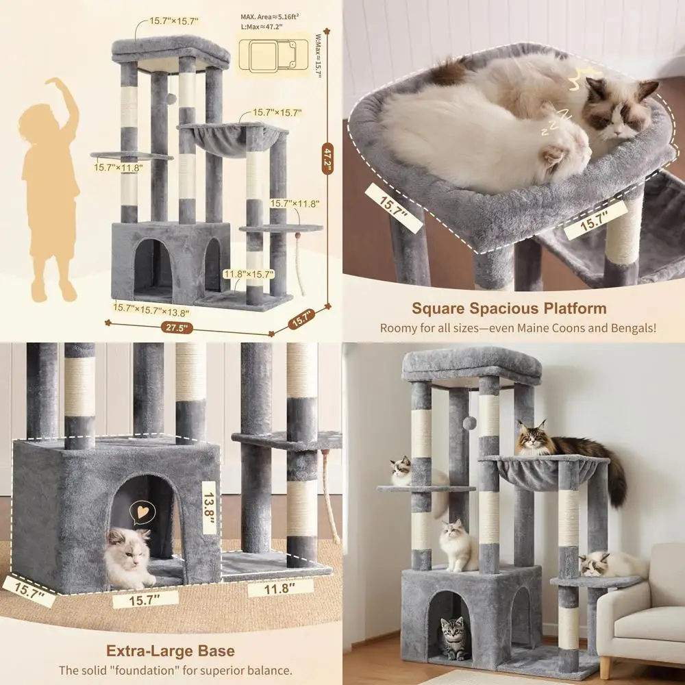 

Большая башня для кошачьего дерева в помещении с очень большим основанием, многоуровневая мебель, когтеточки, гамак, игрушечные шарики, светло-серый