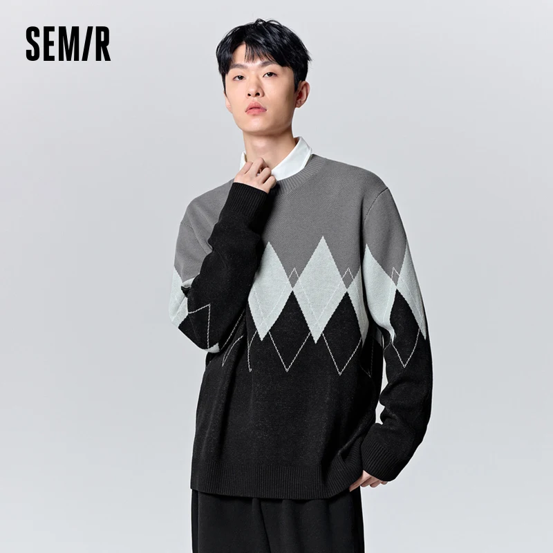 Semir Pullover Sweater Men 2023 Winter New Diamond Pattern Jacquard Heat Storage Warmth Comfortable Fashionable Loose Sweater