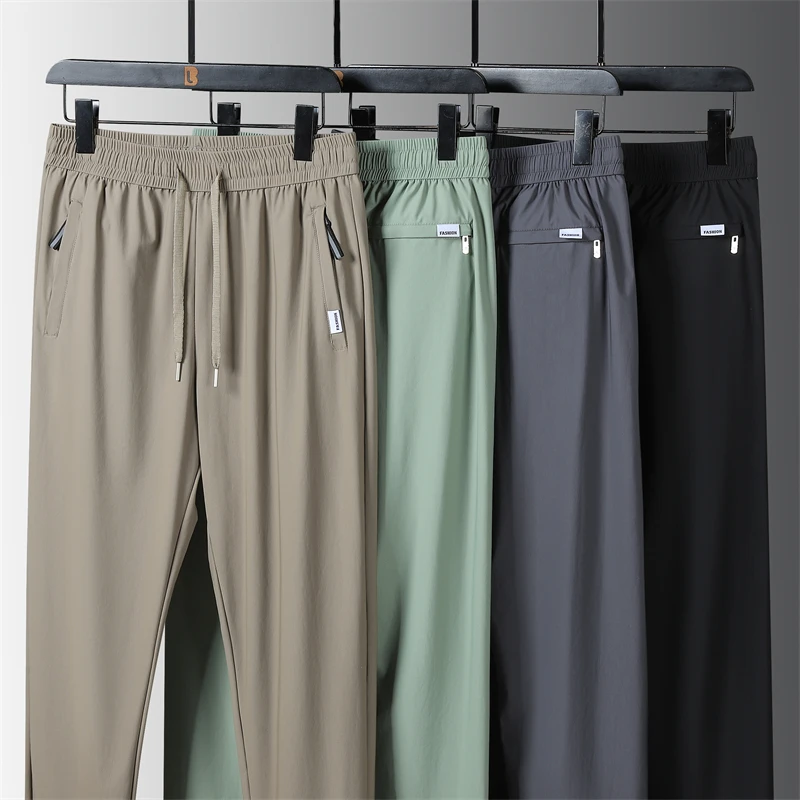Ice Silk Men's Pants Summer New Black Gray Thin Business Casual Pants Outdoor Elastic Breathable Straight Leg Sweatpants