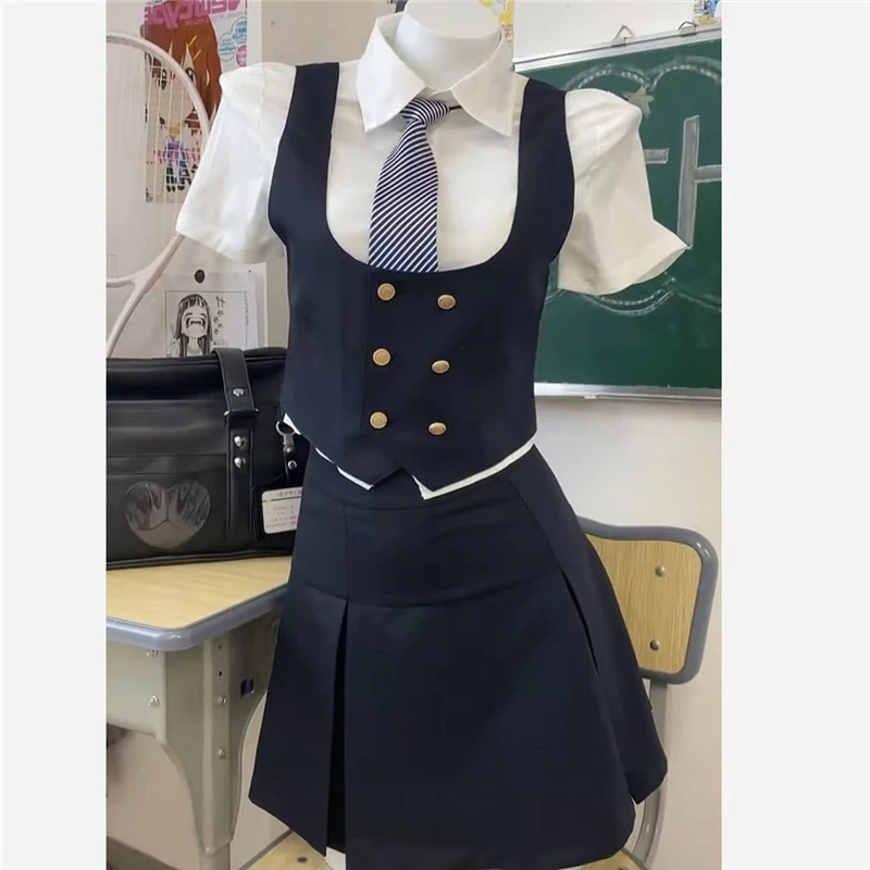 Falda corta plisada de estilo americano para mujer, traje de uniforme JK, camisa de manga corta y corbata, conjuntos de camisa, chaleco de verano