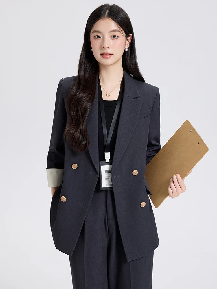Black Casual Loose Women's Suit Jacket Double Breasted Korean Style Fashionable Autumn New Arrival Wind's Classic Polyester F...