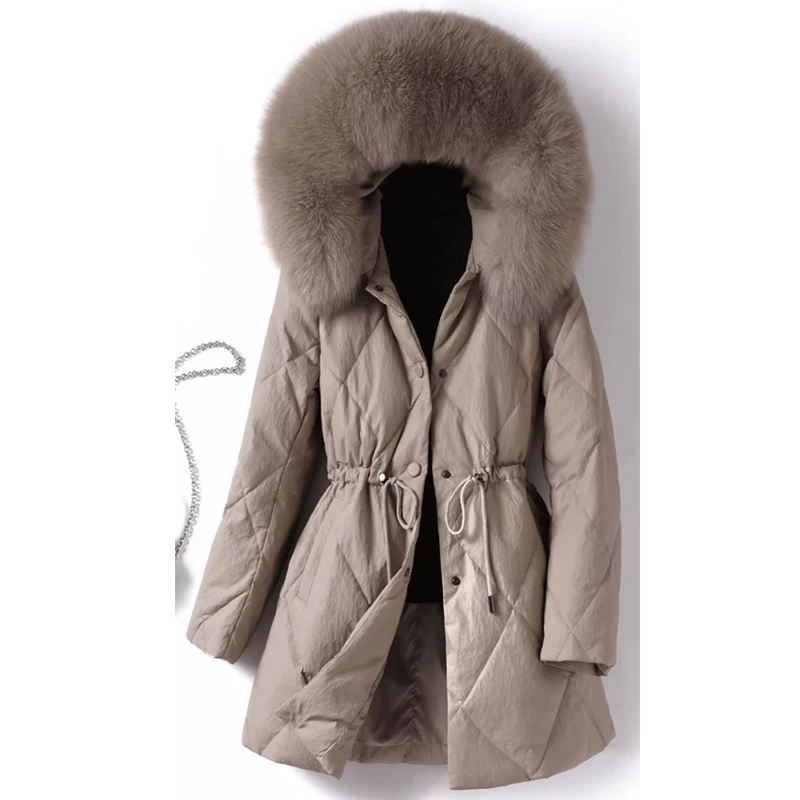 Winter Women's Down Jacket Mid-length Hooded Natural Fox Fur Collar Ladies Sheepskin White Duck Down Thick Warm Windproof Coats