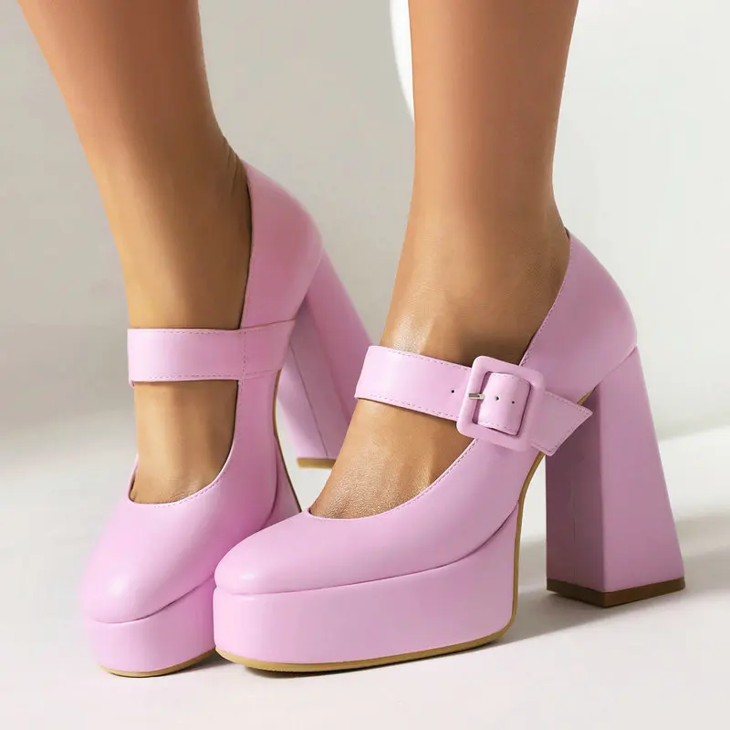 الوردي البرتقالي الكلاسيكية مغلقة جولة تو السيدات فستان الحفلات مضخات كبيرة مشبك حزام منصة عالية الكعب أحذية امرأة ماري جينس الكعوب