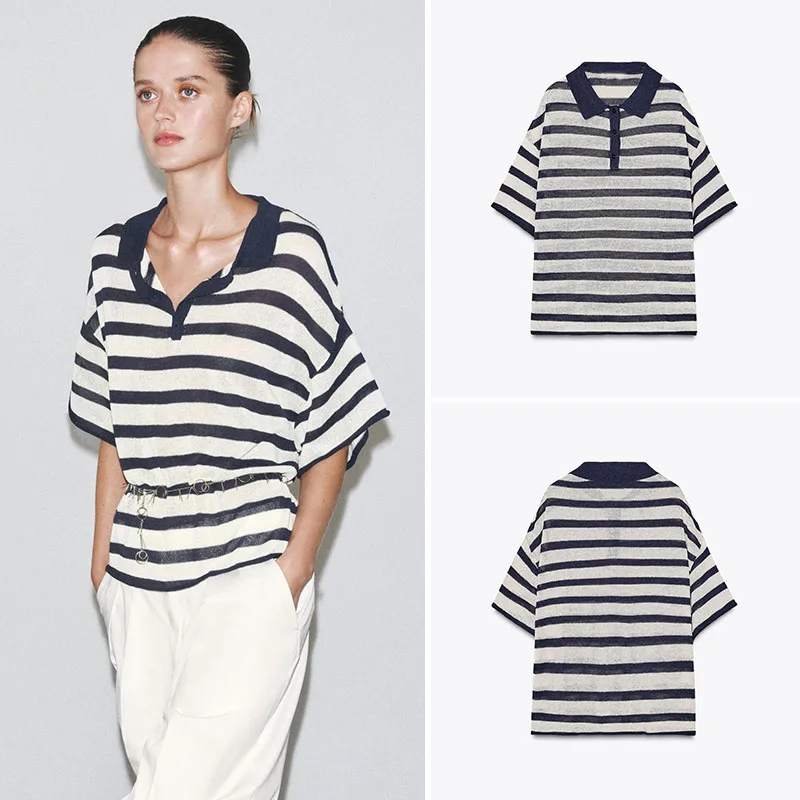 

Spring New Arrival Women's Striped Knitted ort Sve irt Ethnic Stage Costume Casual Faionable Top for Ladies