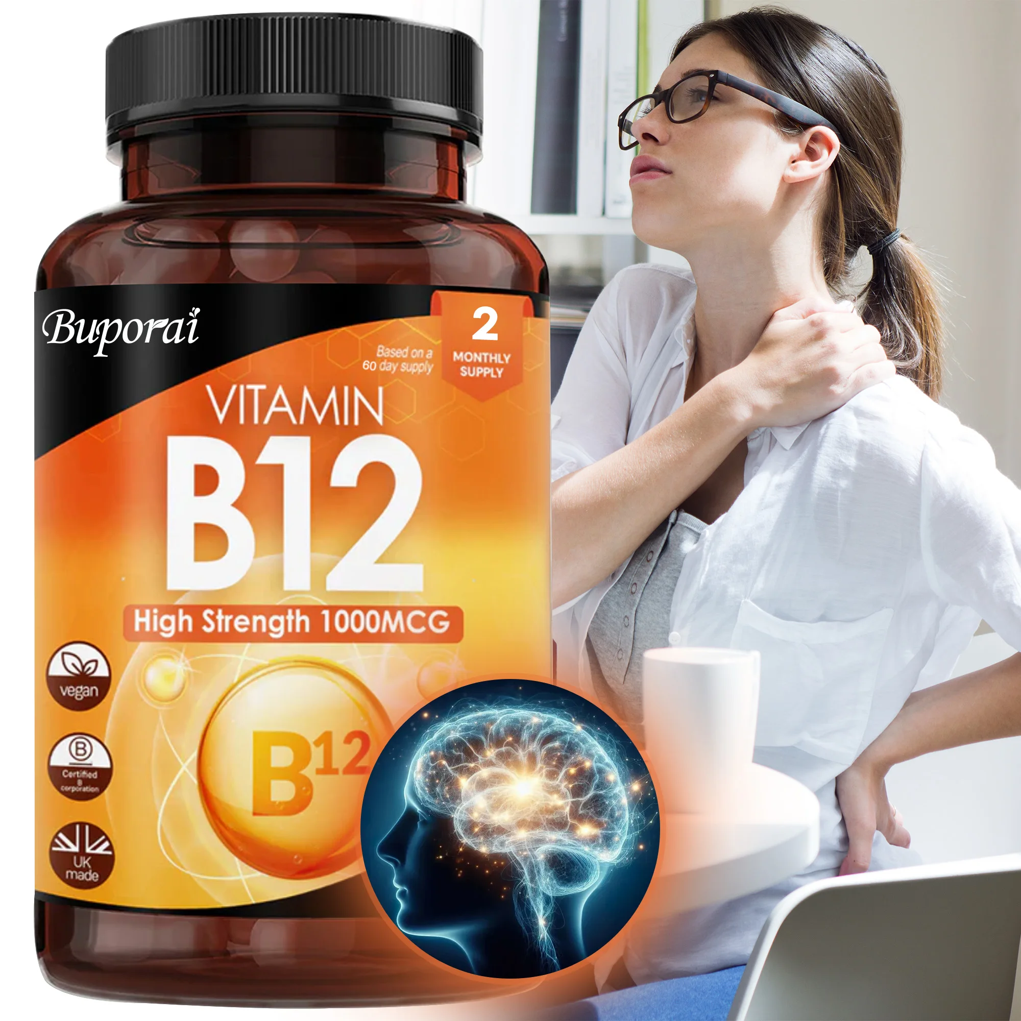 Vitamin B12 High Strength 1000mcg - Reduce Fatigue, Benefits Brain and Heart Function, Increases Energy Levels, Metabolism