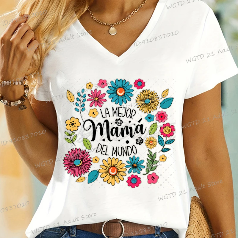 Camiseta española La Mejor Mama Del Mundo, camiseta Retro Floral con gráfico de mamá para mujer, camisetas de manga corta con cuello en V, camisetas divertidas de regalo para mamá