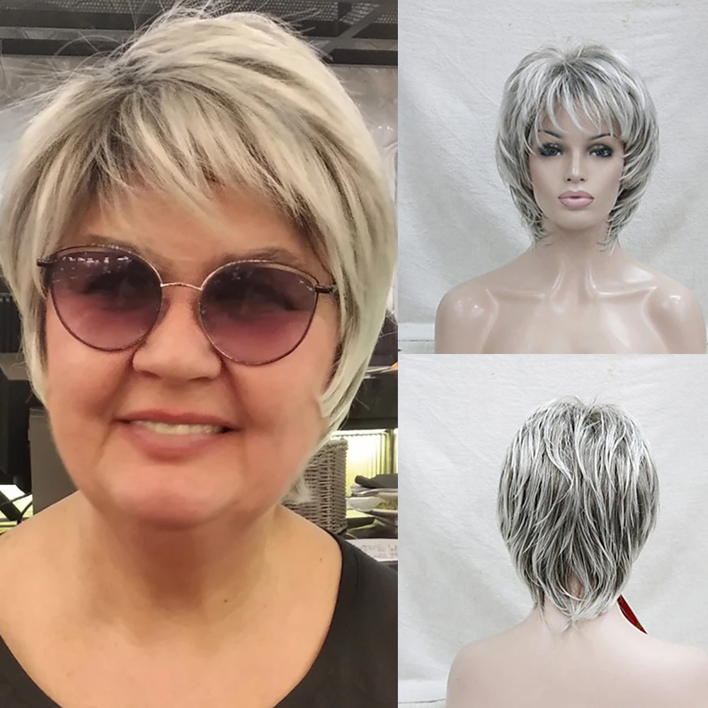 HAIRJOY Synthetic Hair Wig Curly  Pixie Cut  Layered Haircut  With Bangs  Highlighted  Balayage  Gray Wig