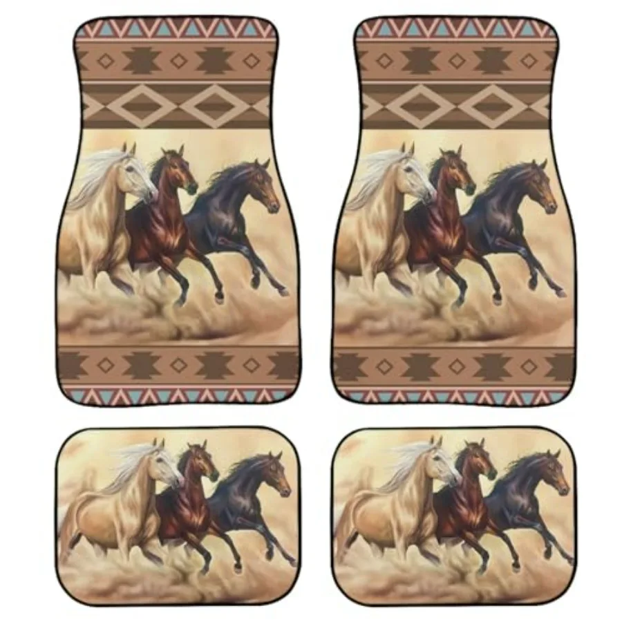 

Автомобильные коврики с узором в виде лошадей, этнический ацтекский стиль, три лошади, бегущие по пустыне в песчаной буре, вестерн-коврики для автомобилей, универсальные, передние