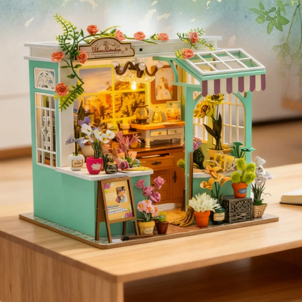 OUZEY Idyllic Garden Villa Puzzle 3D, Kwitnący Miniaturowy Domek, Model DIY, Spokojny Domek dla Lalek, Prezent Dekoracyjny