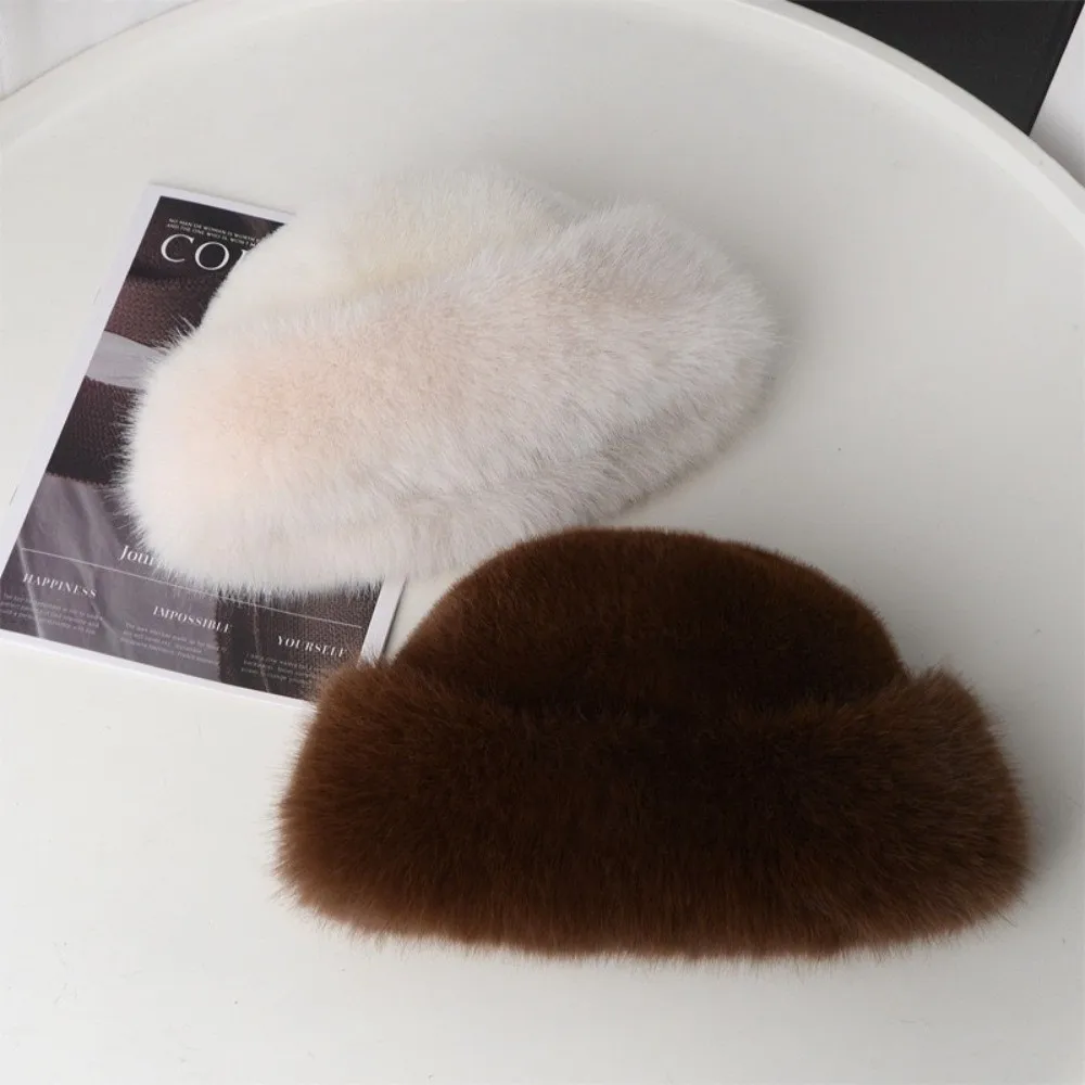 Fashion Headwear Fluffy Fur Winter Hat Plush Solid Color Bucket Hat Thicken Cold Windproof Berets for Women Girls Ski Cap1pc view 5