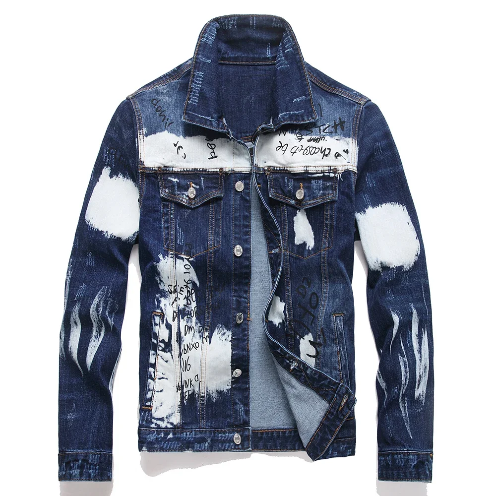 

Мужская приталенная джинсовая куртка, уличная одежда, повседневное джинсовое пальто с принтом граффити и брызгами краски, байкерская верхняя одежда в стиле панк, весна-осень