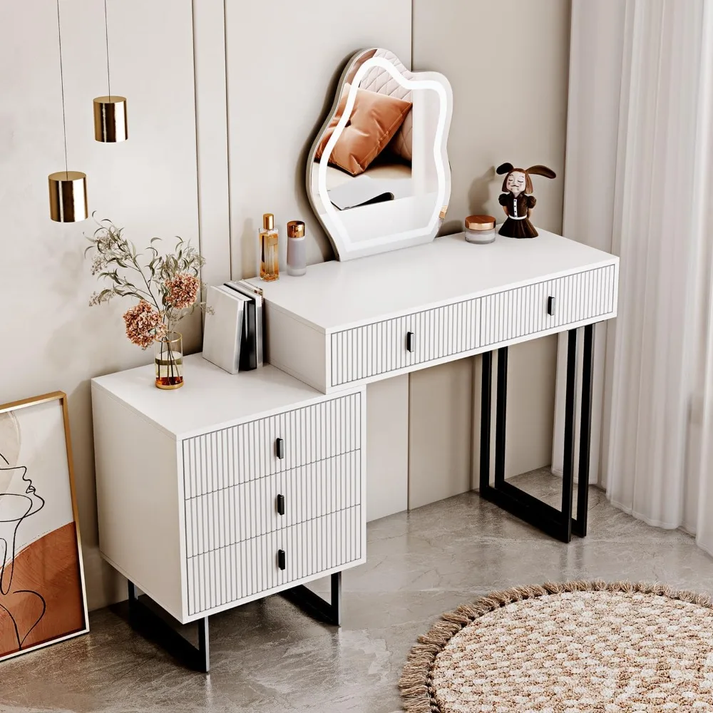 White Vanity Desk with Mirror and Lights,Small Makeup dresser with 5 Drawers,Modern Makeup Table with Adjustable Cabinet