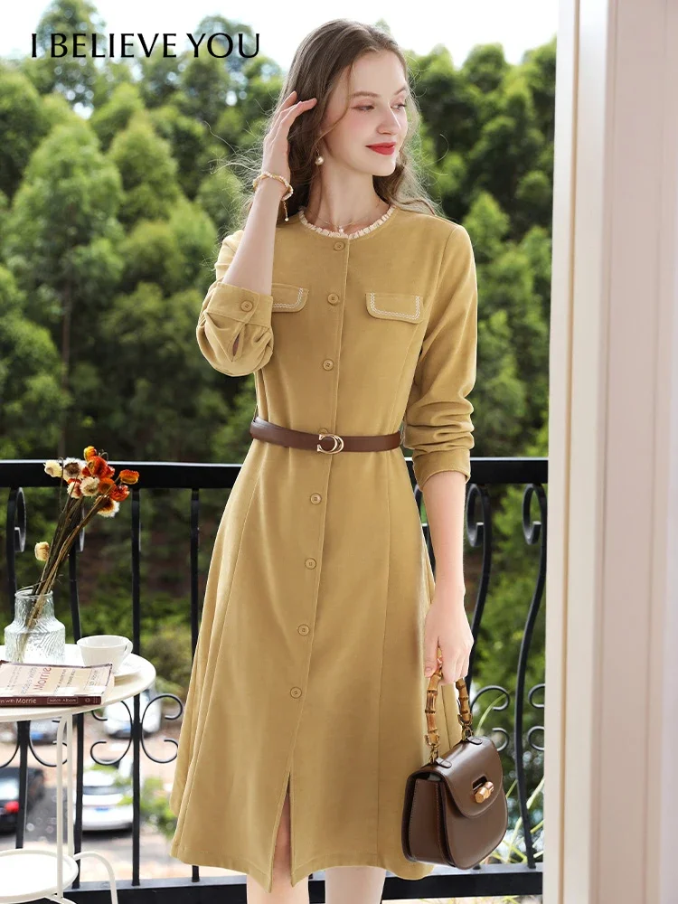 I BELIEVE YOU Yellow Luxury Vintage Long Sleeved Dress Fall Clothes 2024 Women A-line Office Lady Casual Basics Skirt CLQ235347A