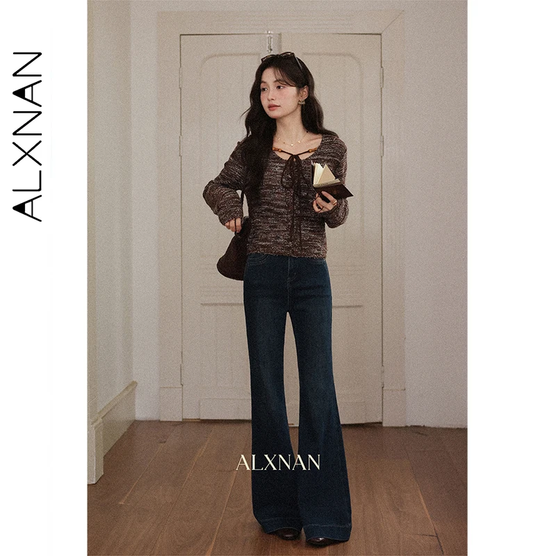 กางเกงยีนส์ทรงบานสีน้ำเงินเข้ม ALXNAN สำหรับผู้หญิง สไตล์วินเทจ เอวสูง ขากว้าง ทรงตรง ผ้าฝ้ายเดนิม ใส่สบายๆ ในฤดูใบไม้ร่วง รุ่น L57056
