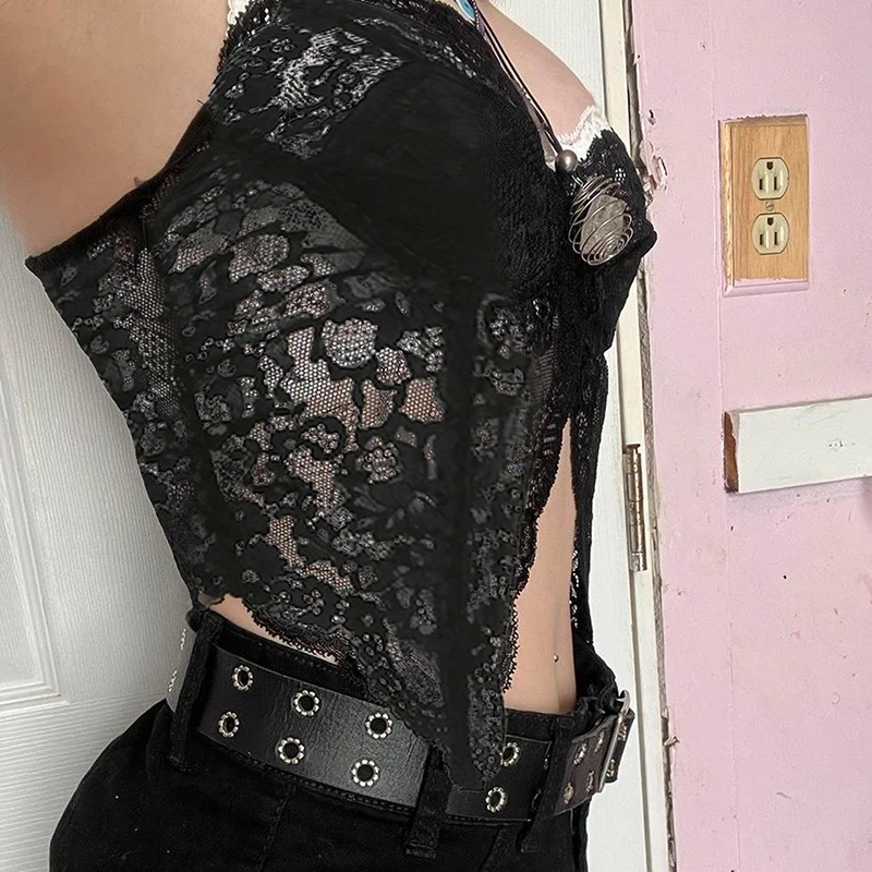 Cuteandpsycho Transparent Y2K Lace Bustiers Backless Clubwear Aesthetic 2000s Gothic Camis Summer Spaghetti Strap Grunge Tops