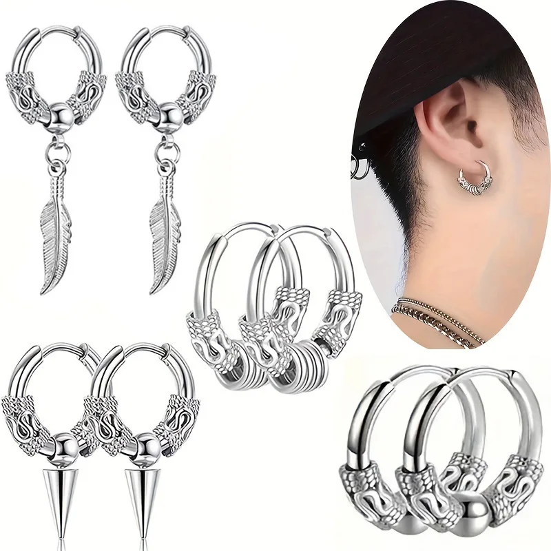 1-4 Pairs Vintage Hip Hop Punk Stainless Steel Men's Women's Dragon Totem Ball Cone Feather Hoop Earrings for Holiday Party Gift