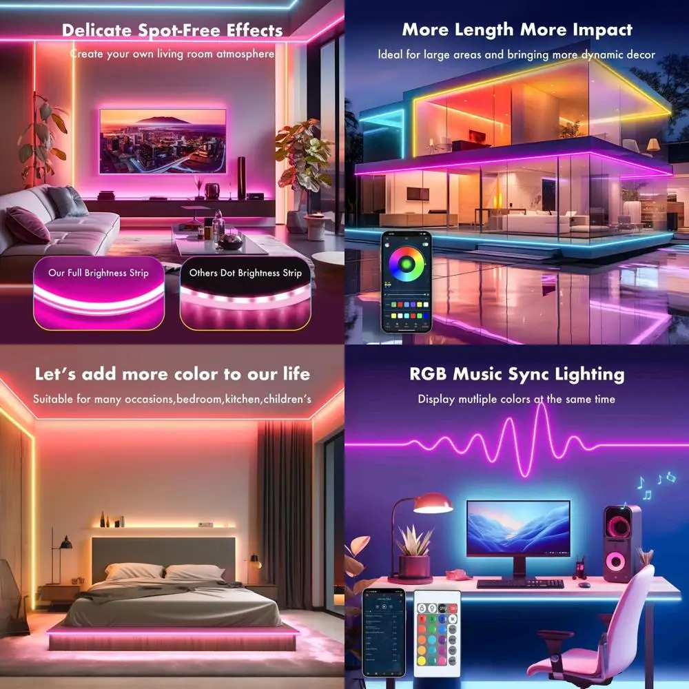 

RGB LED Strip Lights, 2 Sets of 65.6FT, App & Remote Control, Waterproof Outdoor, Music Sync, Ideal for Home Decor & Events