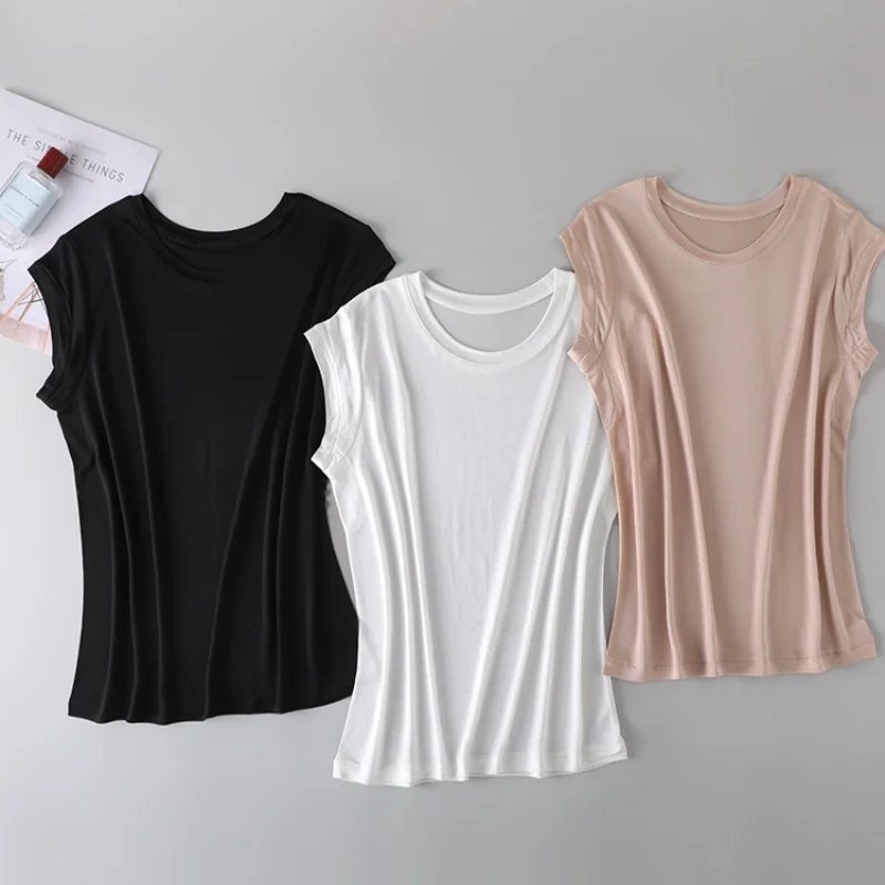Birdtree, 100% Real Silk Solid T Shirt, O-neck Soft Casual Vest, Women's Knitted Short Sleeve Chic Shirt, 2026 Clothes T62107JF