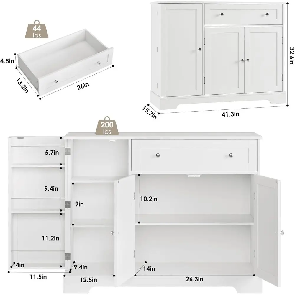 Kitchen Storage Cabinet with Doors and Adjustable Shelves for Dining and Living Spaces, White view 3